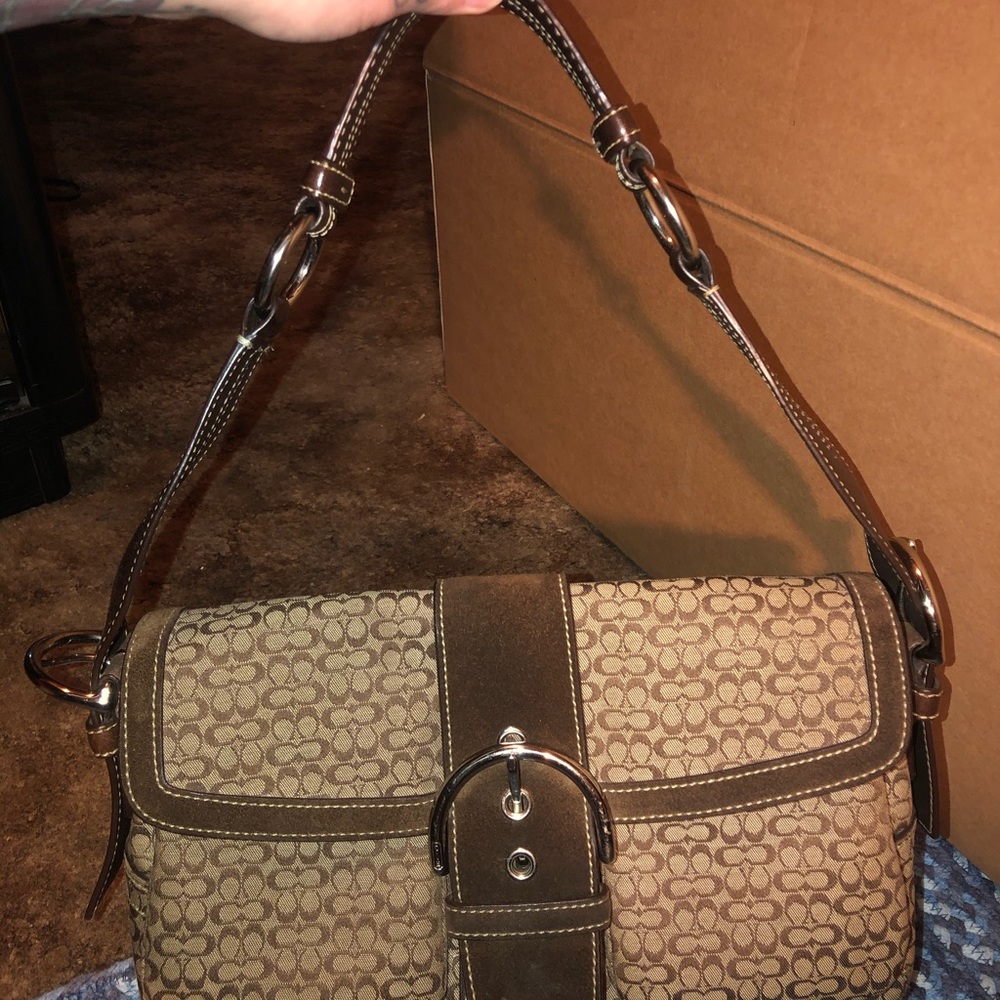 Coach signature print small brown shoulder bag